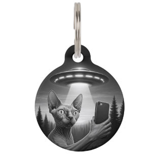 Sphynx Cat UFO Selfie Personalized Pet ID Tag