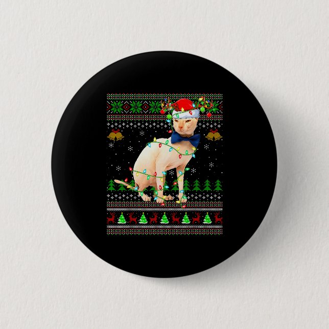 Sphynx Cat Ugly Christmas Sweaters Holiday Santa C Button (Front)