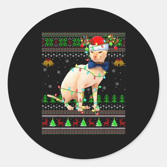 Sphynx Cat Ugly Christmas Sweaters Holiday Santa C Classic Round Sticker (Front)