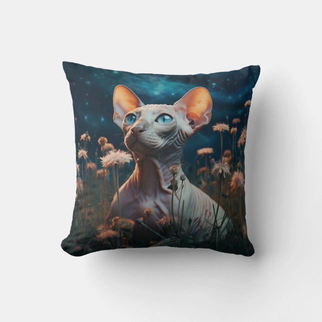 Sphynx Cat & Vibrant Flowers – Whimsical Art Throw Pillow (Front)