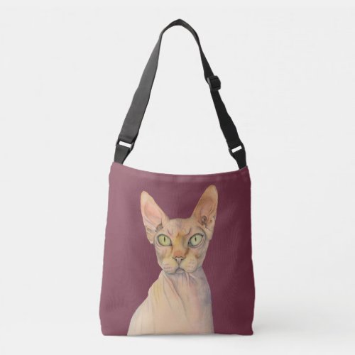 Sphynx Cat Watercolor Portrait Crossbody Bag