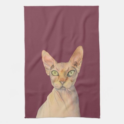 Sphynx Cat Watercolor Portrait Kitchen Towel