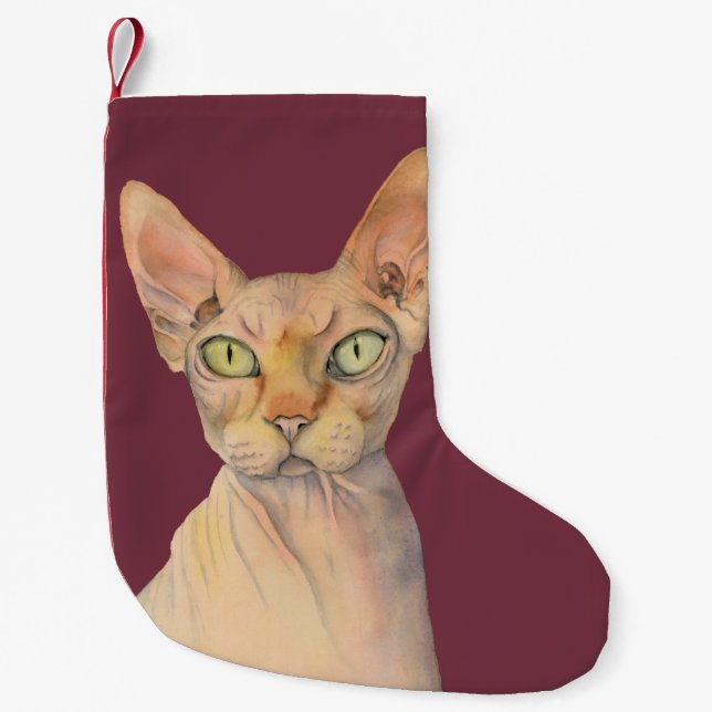 Sphynx Cat Watercolor Portrait Small Christmas Stocking (Front)