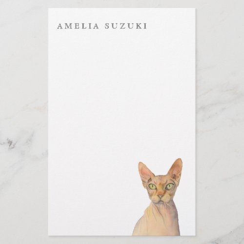 Sphynx Cat Watercolor Portrait with Name Stationery