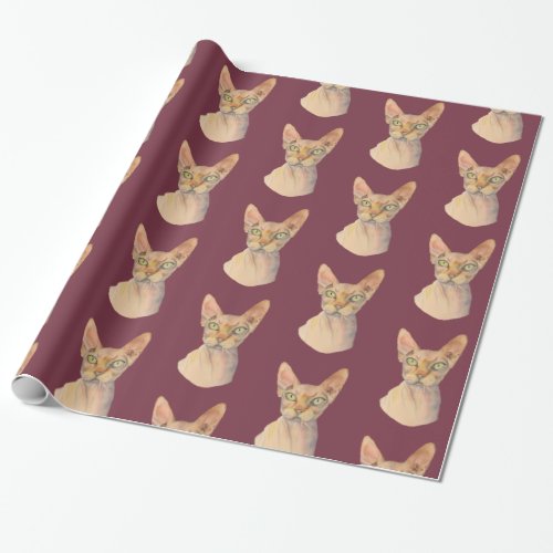 Sphynx Cat Watercolor Portrait Wrapping Paper