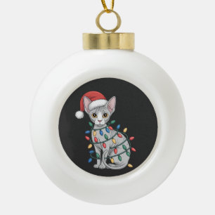 Sphynx Cat Wearing a Santa Hat and Wrapped in Xmas Ceramic Ball Christmas Ornament