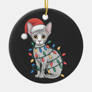 Sphynx Cat Wearing a Santa Hat and Wrapped in Xmas Ceramic Ornament
