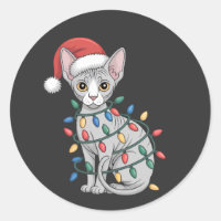 Sphynx Cat Wearing a Santa Hat and Wrapped in Xmas