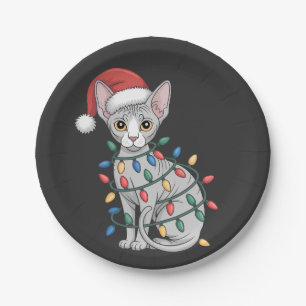 Sphynx Cat Wearing a Santa Hat and Wrapped in Xmas Paper Plates