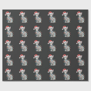 Sphynx Cat Wearing a Santa Hat and Wrapped in Xmas Wrapping Paper