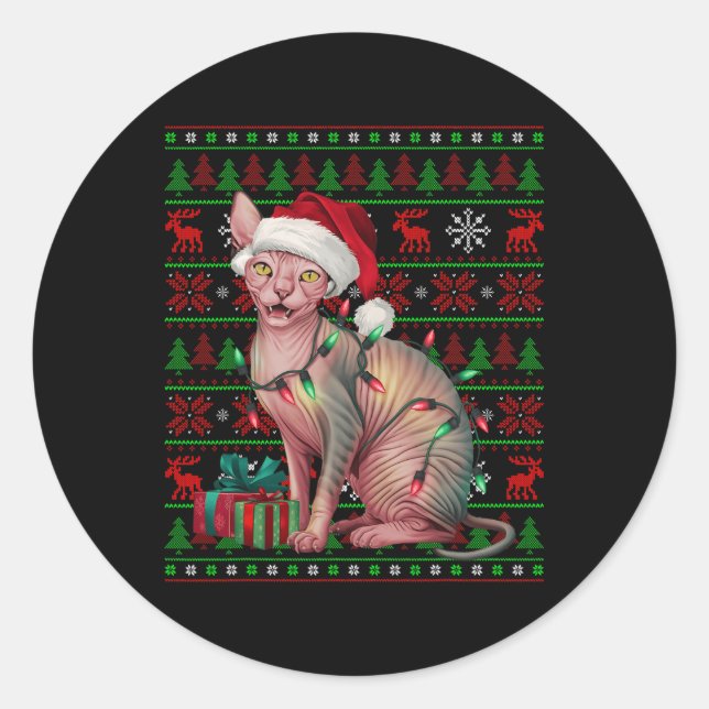 Sphynx Cat Xmas Lights Ugly Santa Hat Sphynx Cat C Classic Round Sticker (Front)
