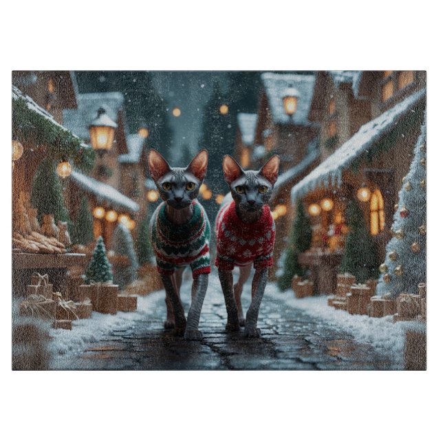 Sphynx Cats Christmas Snow Holiday Cutting Board (Front)