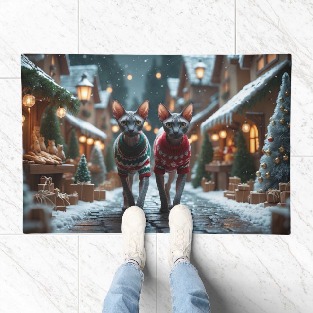 Sphynx Cats Christmas Snow Holiday Doormat (Indoor)