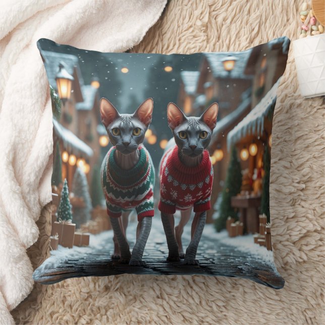Sphynx Cats Christmas Snow Holiday Throw Pillow (Blanket)