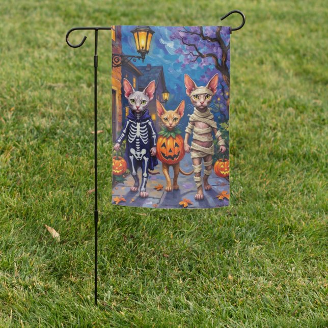 Sphynx Cats Trick-or-Treating in Halloween Costume Garden Flag (In SItu)