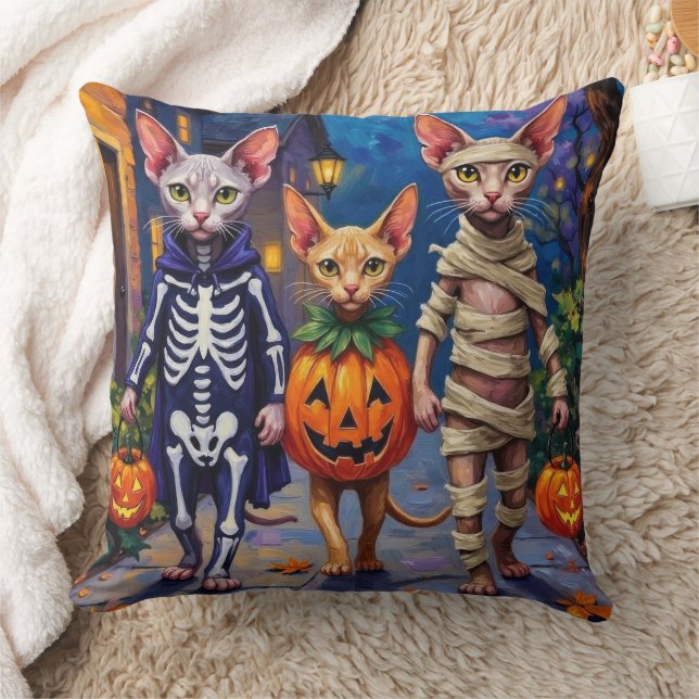 Sphynx Cats Trick-or-Treating in Halloween Costume Throw Pillow (Blanket)