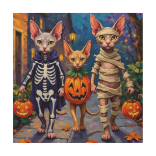 Sphynx Cats Trick-or-Treating in Halloween Costume Wood Wall Art