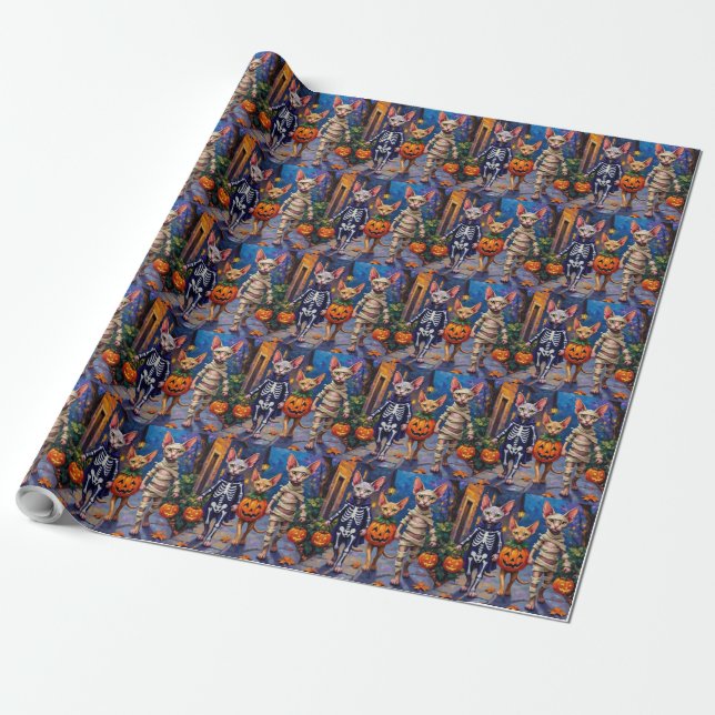 Sphynx Cats Trick-or-Treating in Halloween Costume Wrapping Paper (Unrolled)