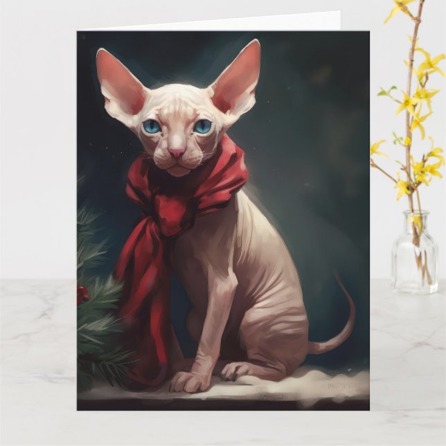 Sphynx Dog in Snow Christmas Card (Yellow Flower)