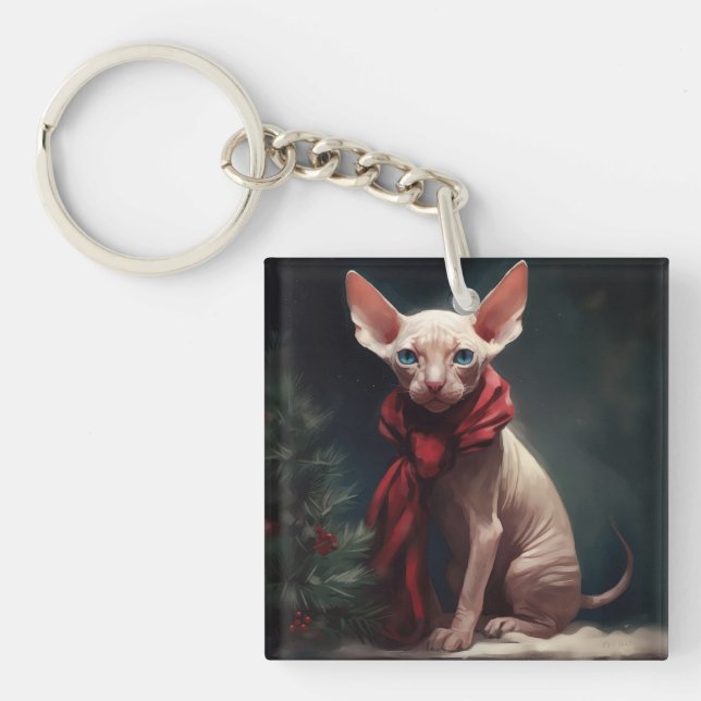 Sphynx Dog in Snow Christmas Keychain (Front)