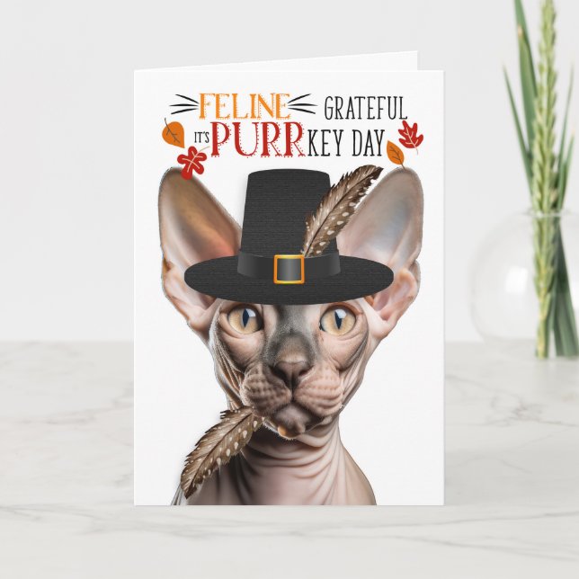 Sphynx Hairless Cat Grateful for PURRkey Day Holiday Card (Front)