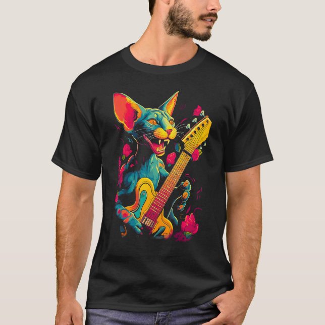 Sphynx Hairless Cat Guitar T-Shirt (Front)