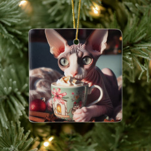 Sphynx Hot Cocoa Cat Christmas Ceramic Ornament