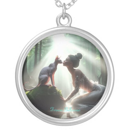 Sphynx Kissing Mermaid  Silver Plated Necklace