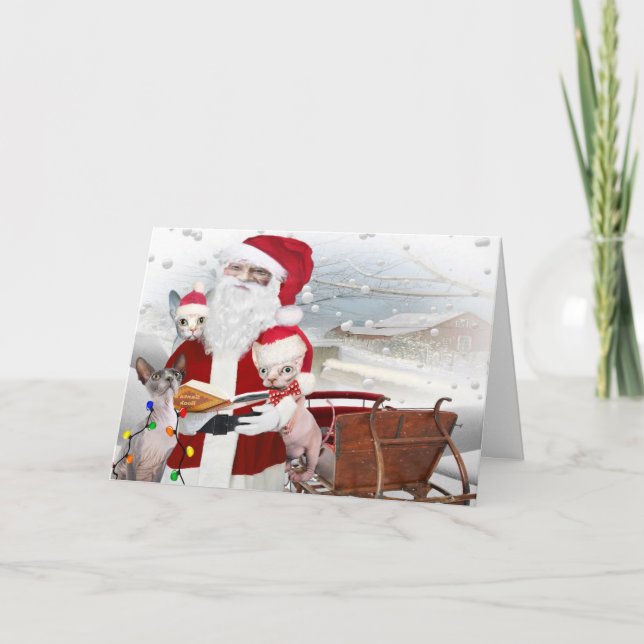 Sphynx  Kitten Christmas With Santa Holiday Card (Front)
