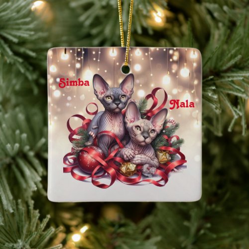 Sphynx Kittens Christmas  Ceramic Ornament