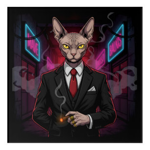 Sphynx Mafia Cat in Neon Noir Style Acrylic Print