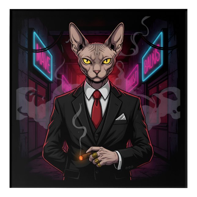 Sphynx Mafia Cat in Neon Noir Style Acrylic Print (Front)