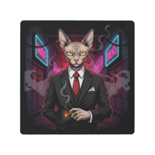 Sphynx Mafia Cat in Neon Noir Style Metal Print