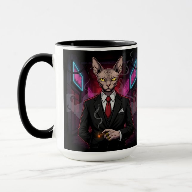 Sphynx Mafia Cat in Neon Noir Style Mug (Left)