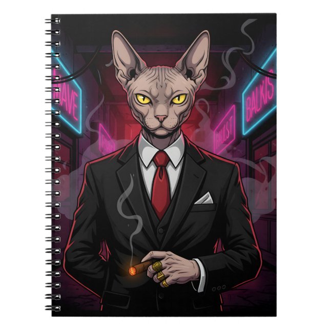 Sphynx Mafia Cat in Neon Noir Style Notebook (Front)