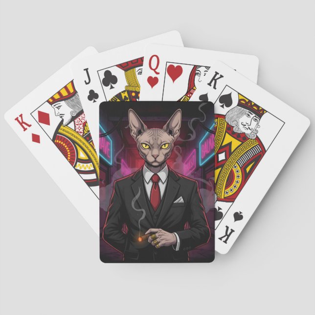 Sphynx Mafia Cat in Neon Noir Style Poker Cards (Back)