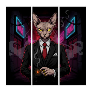 Sphynx Mafia Cat in Neon Noir Style Triptych