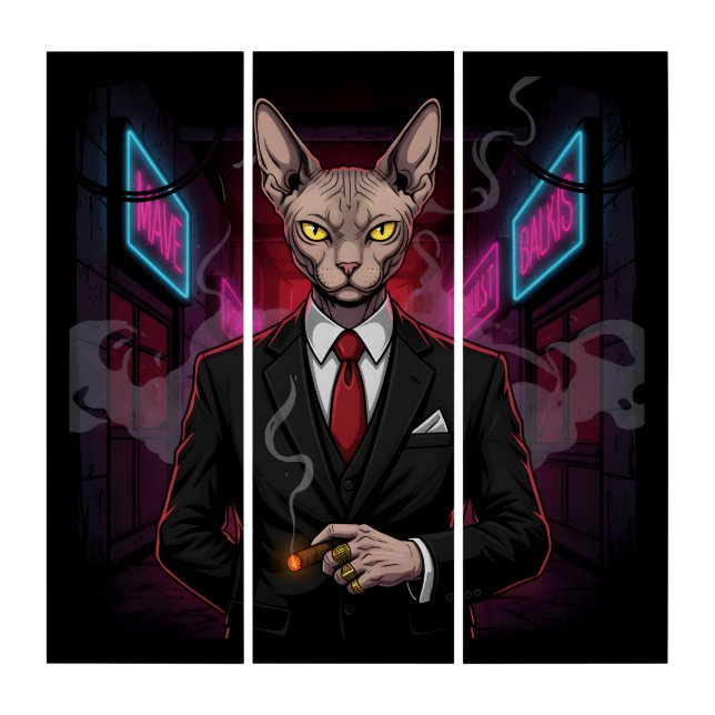 Sphynx Mafia Cat in Neon Noir Style Triptych (Front)