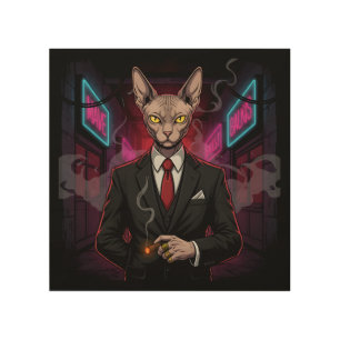 Sphynx Mafia Cat in Neon Noir Style Wood Wall Art