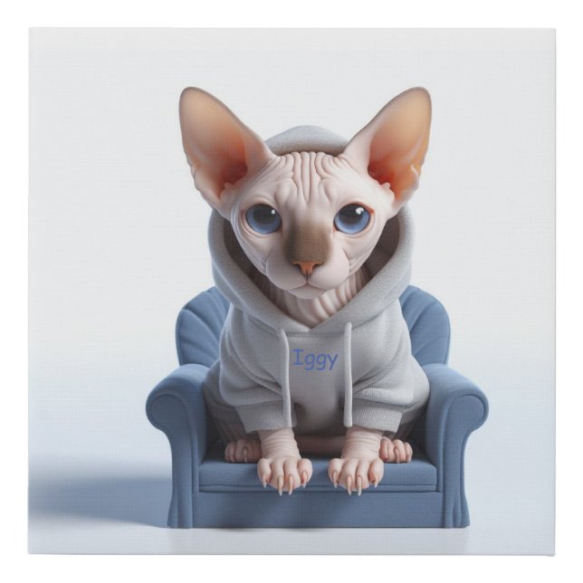 Sphynx Wearing Gray Hoodie Faux Canvas Print (Front)