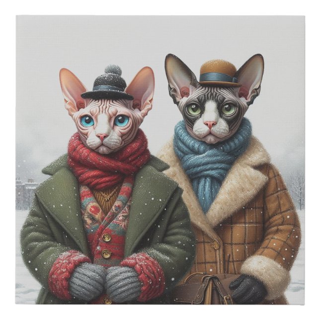 Sphynx Winter Cat Couple Faux Canvas Print (Front)