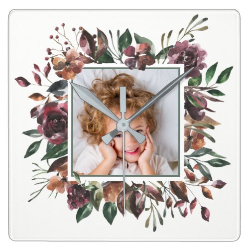 Spiced Botanical | Floral Frame with your Photo Square Wall Clock