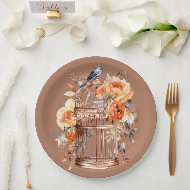 Spiced Cider Orange Gold Blue Birdcage Paper Plates (Wedding)
