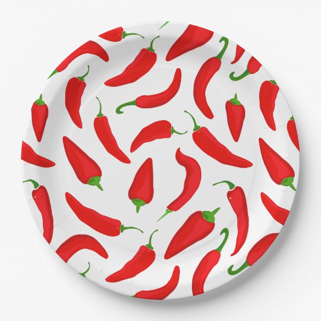 Spicy Chilli Peppers Red White Fun  Paper Plates (Front)