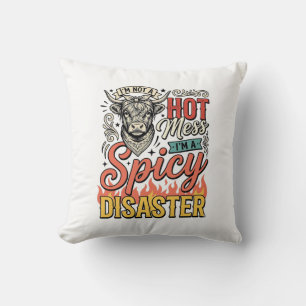Spicy Disaster Highland Cow Vintage Western Shirt  Throw Pillow