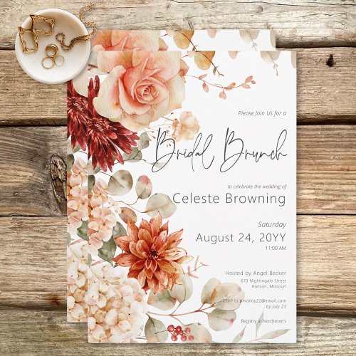 Spicy Fall Rust  Blush Boho Floral Bridal Brunch Invitation