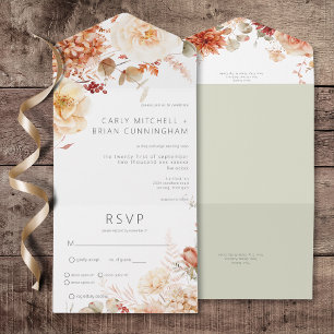 Spicy Fall Rust & Blush Boho Floral Dinner All In One Invitation