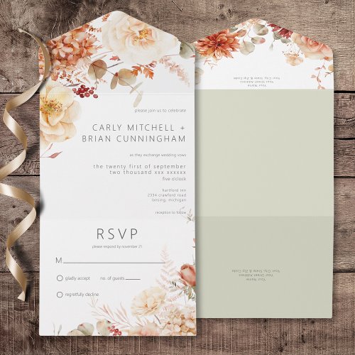 Spicy Fall Rust  Blush Boho Floral No Dinner All In One Invitation