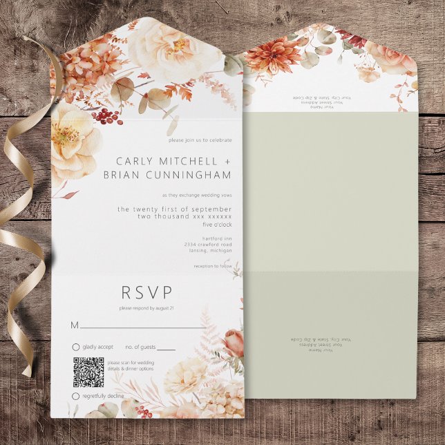 Spicy Fall Rust & Blush Boho Floral QR Code All In One Invitation (Spicy Fall Rust & Blush Boho Floral All In One Wedding Invitation with QR Code)