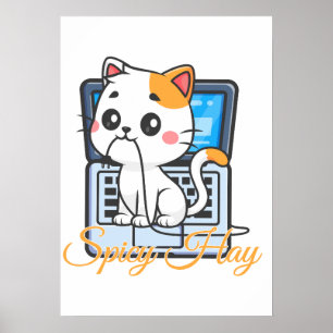 Spicy Hay Funny Cat Biting Cord Kawaii Art Poster